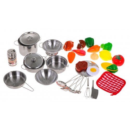 Mega kuchynská sada pre deti 3+ Kovové hrnce + Kuchynské nástroje + Jedlo 30 ks.