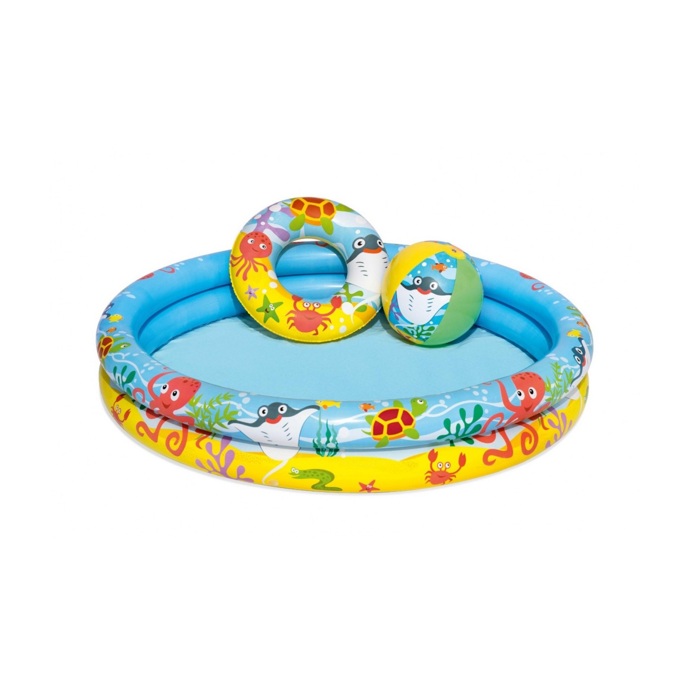 Nafukovací bazén 3v1 pre deti 122x20cm Morský BESTWAY + Plávacie koleso + Plážová lopta