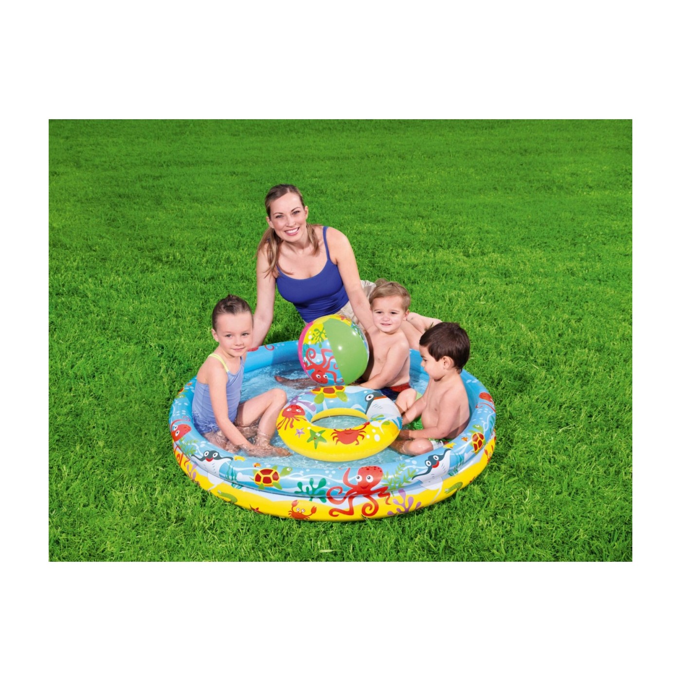 Nafukovací bazén 3v1 pre deti 122x20cm Morský BESTWAY + Plávacie koleso + Plážová lopta