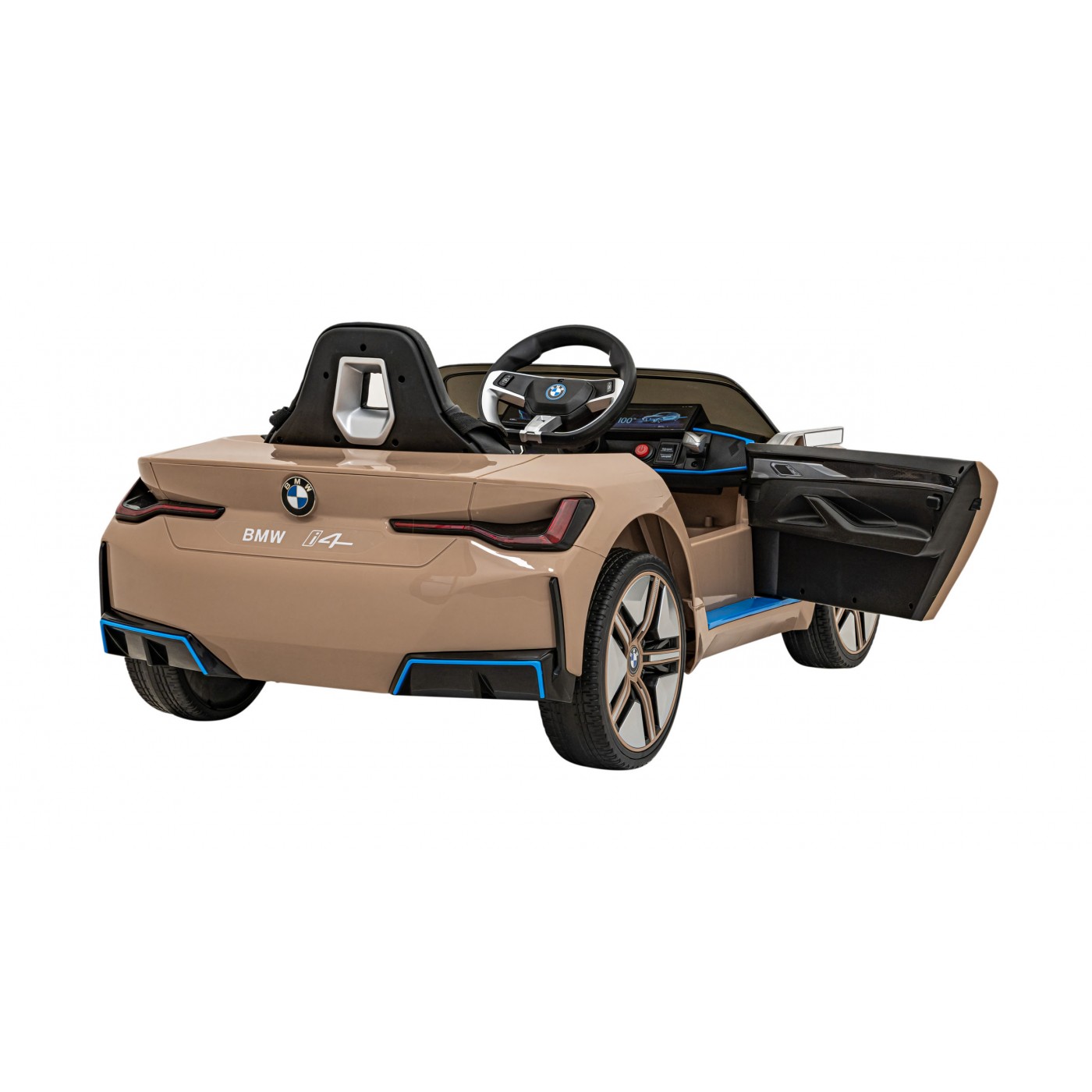 Auto BMW I4 na batériu pre deti Zlaté + Pomalý štart + EVA + Ekokoža + Audio LED + Ovládač