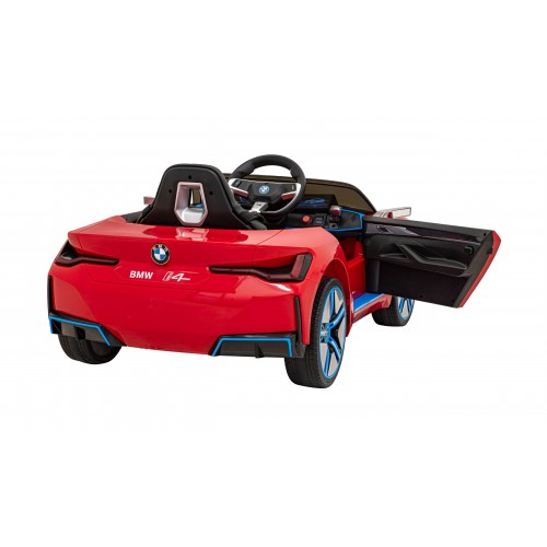 Auto BMW I4 na batériu pre deti Červené + Pomalý štart + EVA + Ekokoža + Audio LED + Ovládač