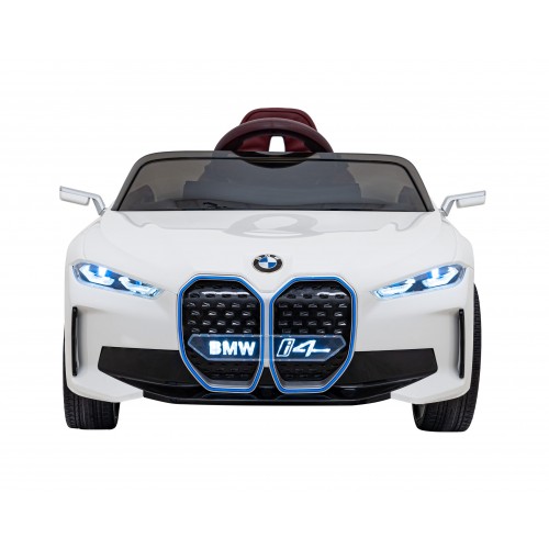Auto BMW I4 na batériu pre deti Biele + Pomalý štart + EVA + Ekokoža + Audio LED + Ovládač