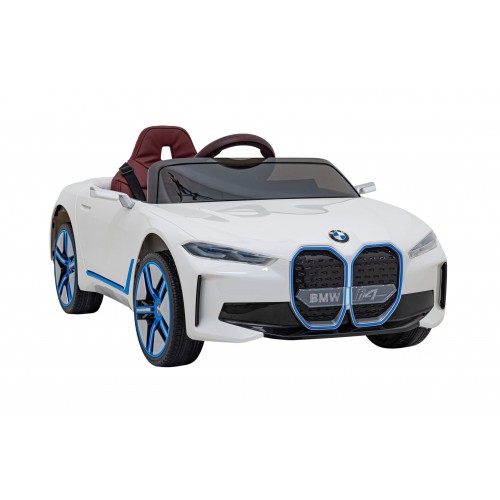 Auto BMW I4 na batériu pre deti Biele + Pomalý štart + EVA + Ekokoža + Audio LED + Ovládač