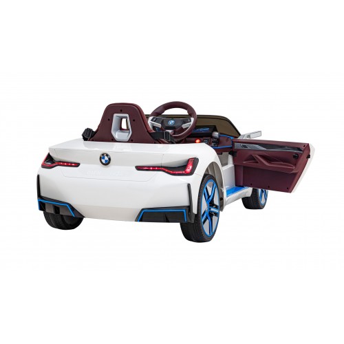 Auto BMW I4 na batériu pre deti Biele + Pomalý štart + EVA + Ekokoža + Audio LED + Ovládač