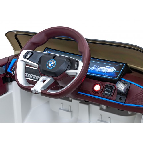 Auto BMW I4 na batériu pre deti Biele + Pomalý štart + EVA + Ekokoža + Audio LED + Ovládač