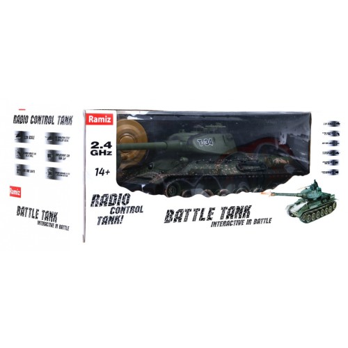 Diaľkovo ovládaný tank T-34 pre deti 3+ Strieľajúci model Maskovanie 1:28 + Veľká Bitka Tankov + Zvuky Svetlá