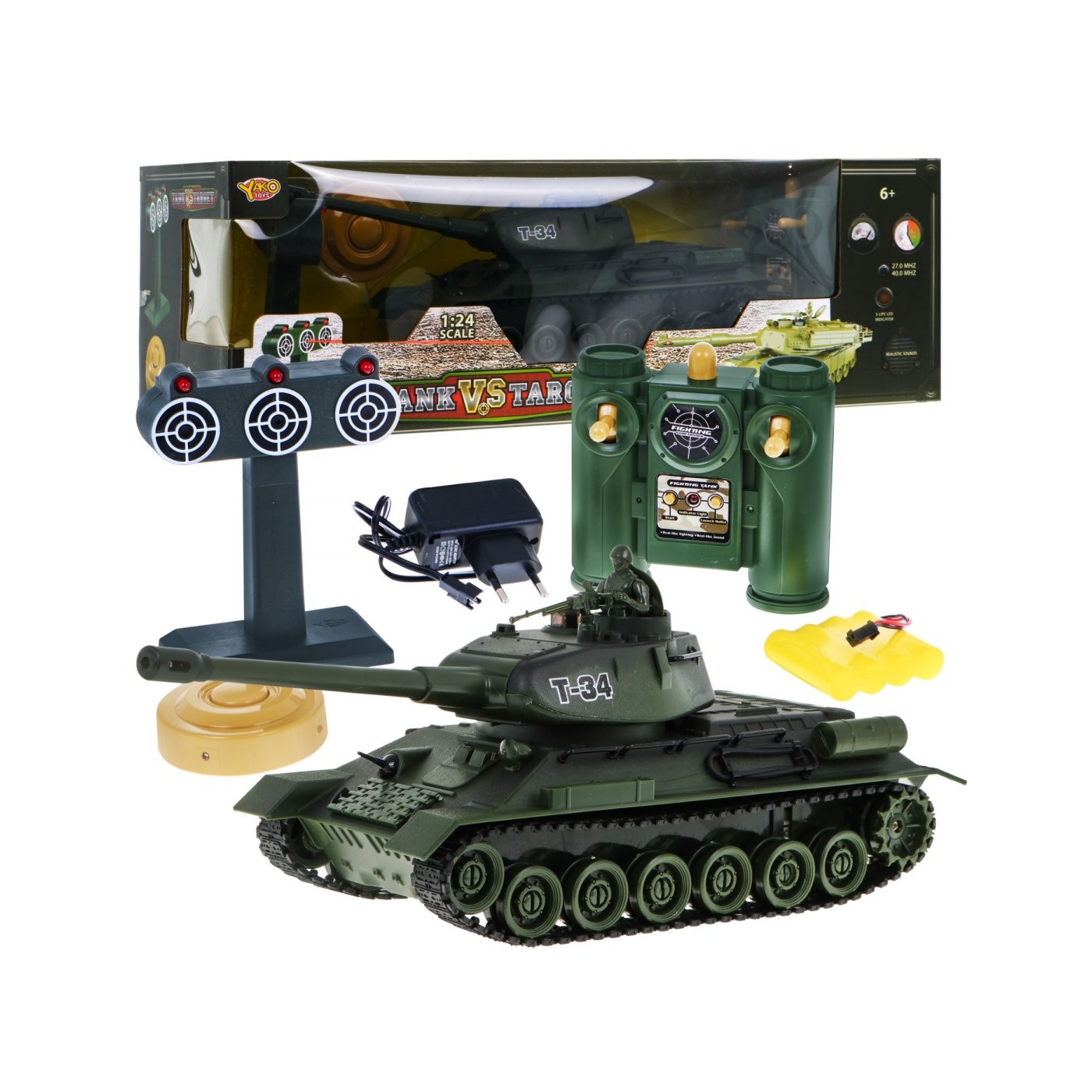 Diaľkovo ovládaný Tank T-34 pre deti 1:24 Interaktívne efekty + Ovládač + Mína + Štít