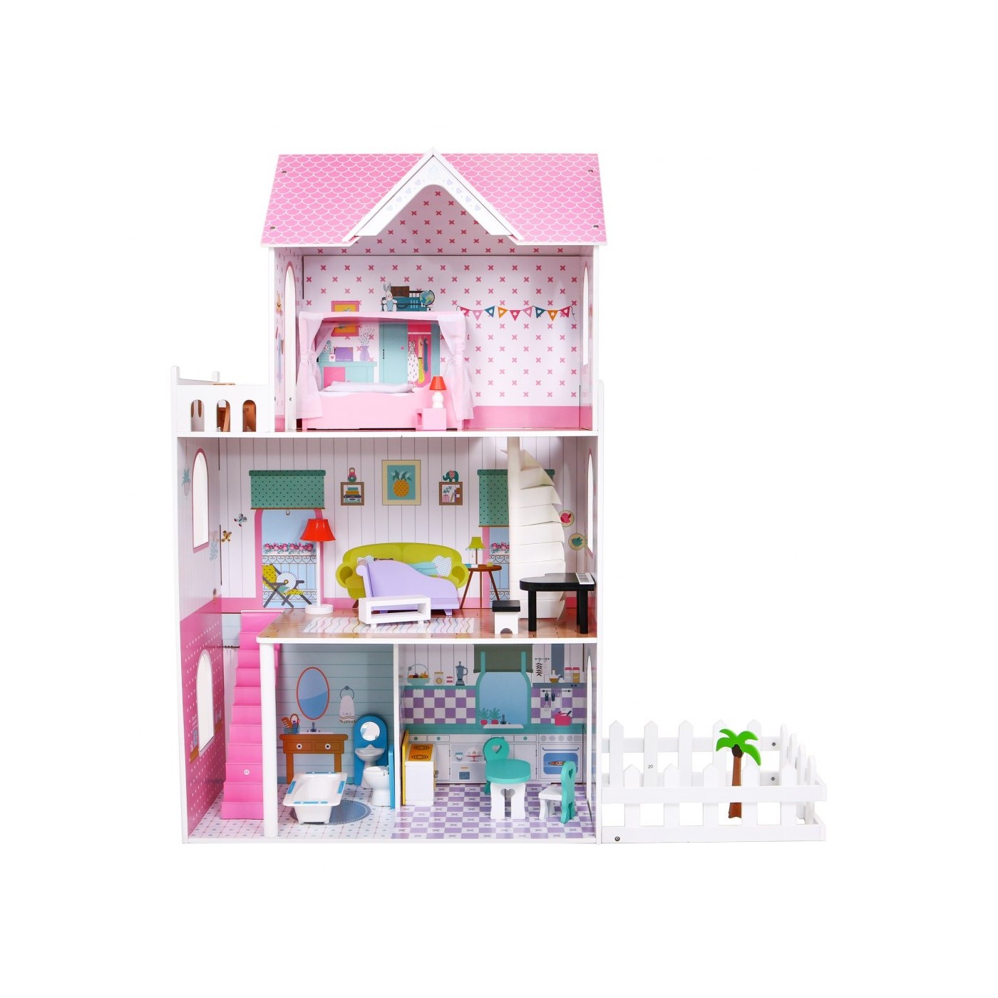 Veľký Drevený domček pre bábiky Ružový pre deti 3+ Príslušenstvo Nábytok + 3 poschodia