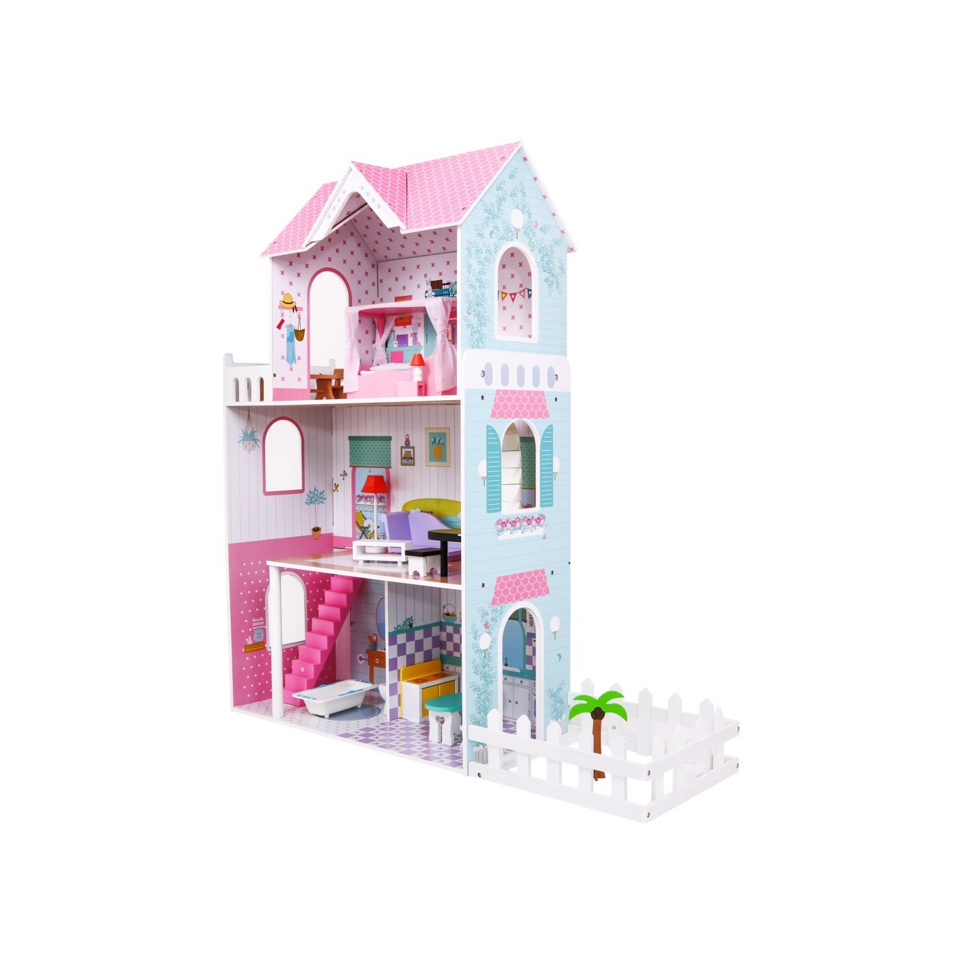 Veľký Drevený domček pre bábiky Ružový pre deti 3+ Príslušenstvo Nábytok + 3 poschodia