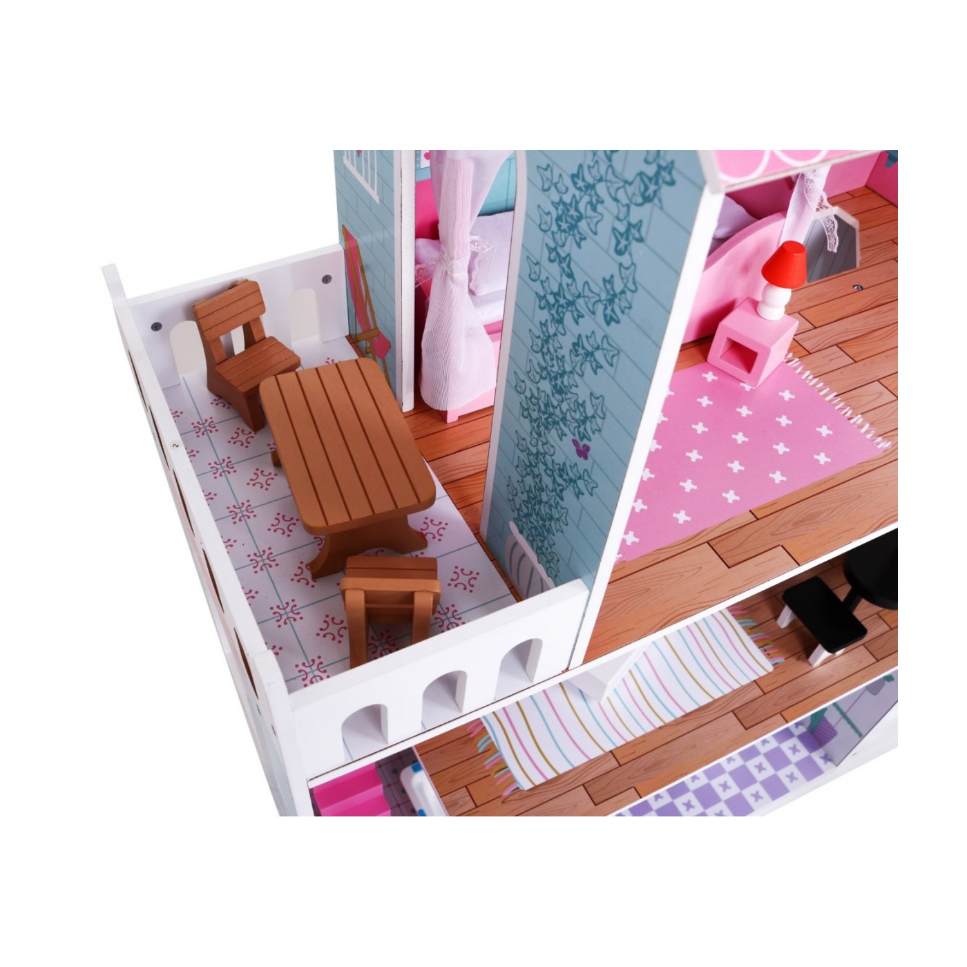 Veľký Drevený domček pre bábiky Ružový pre deti 3+ Príslušenstvo Nábytok + 3 poschodia