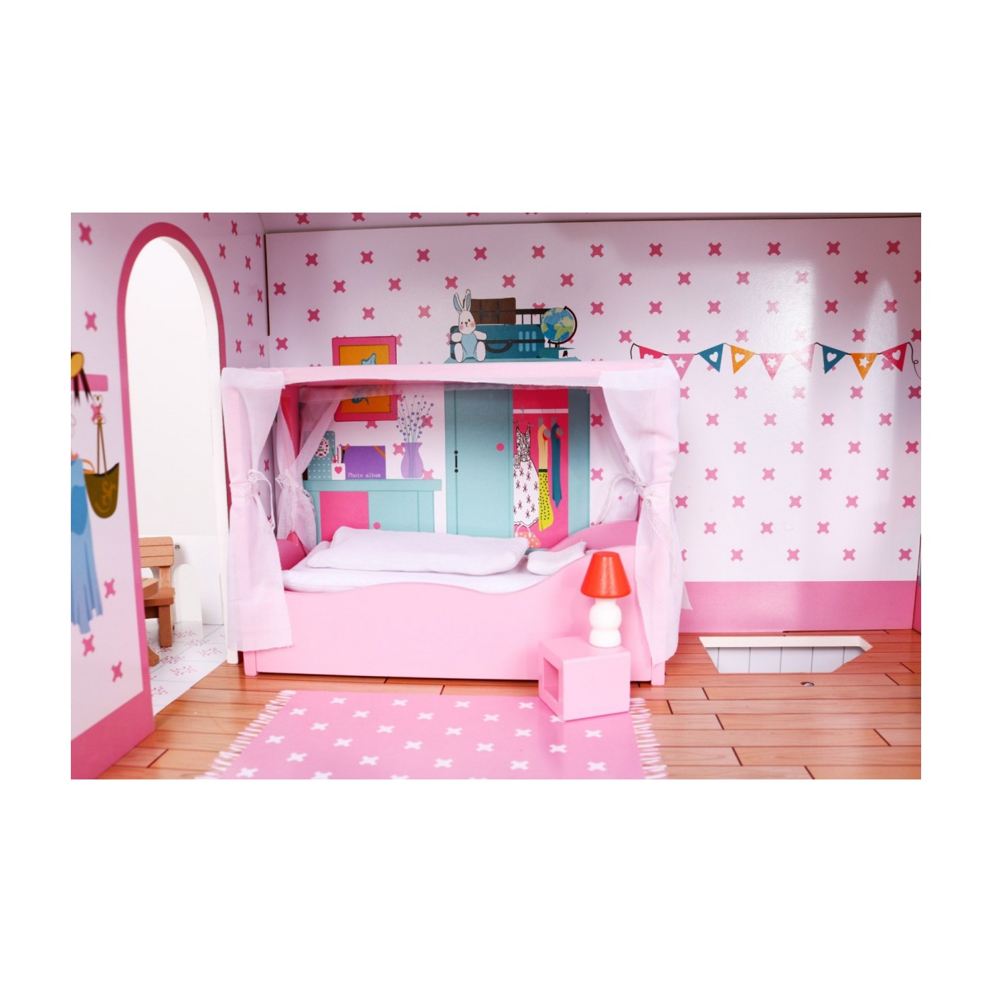 Veľký Drevený domček pre bábiky Ružový pre deti 3+ Príslušenstvo Nábytok + 3 poschodia