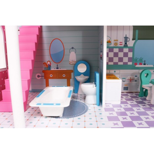 Veľký Drevený domček pre bábiky Ružový pre deti 3+ Príslušenstvo Nábytok + 3 poschodia