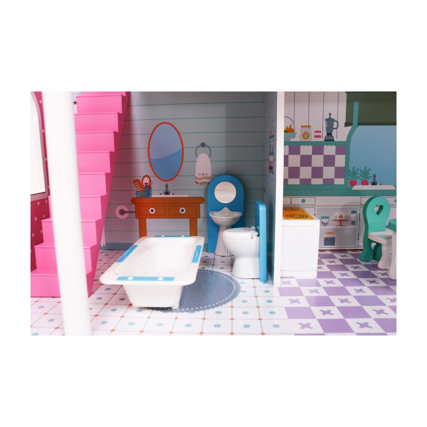 Veľký Drevený domček pre bábiky Ružový pre deti 3+ Príslušenstvo Nábytok + 3 poschodia