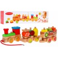 Drevená lokomotíva s sorterami pre deti 3+ Senzorická hračka + 27 kociek