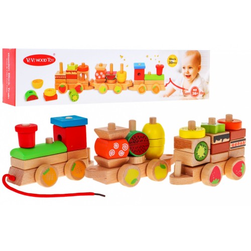 Drevená lokomotíva s sorterami pre deti 3+ Senzorická hračka + 27 kociek