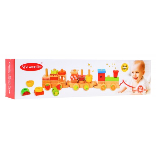 Drevená lokomotíva s sorterami pre deti 3+ Senzorická hračka + 27 kociek