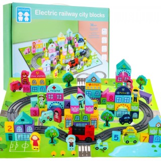 Drevené Kocky "Moje Mesto" pre deti 3+ Sada 107 ks. + Mesto mat + Vláčikové koľaje + Vláčik