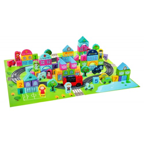 Drevené Kocky "Moje Mesto" pre deti 3+ Sada 107 ks. + Mesto mat + Vláčikové koľaje + Vláčik