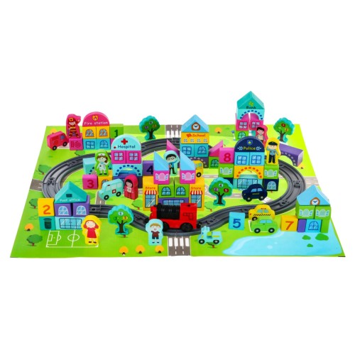 Drevené Kocky "Moje Mesto" pre deti 3+ Sada 107 ks. + Mesto mat + Vláčikové koľaje + Vláčik