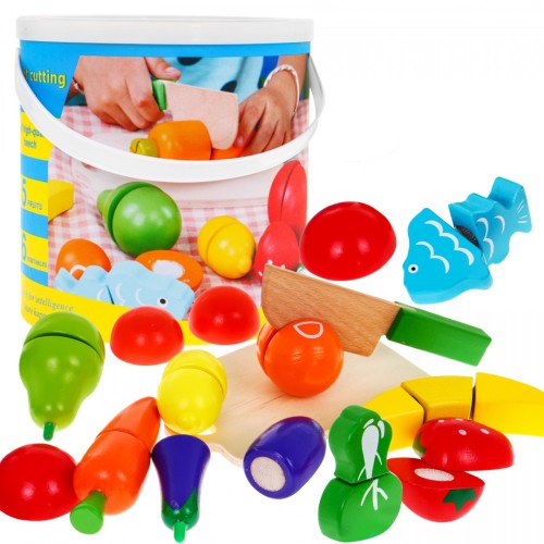 Drevená sada zeleniny a ovocia na krájanie pre deti 2+ Krájacia doska + Nôž