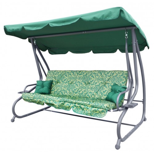 Rodinná Hojdačka záhradná s Strechou Zelený vzor + Textilínia 2x1 + Nastaviteľné sedadlo + Matrac + 2 Držiaky na nápoje