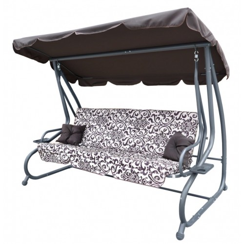 Rodinná Hojdačka záhradná s Strechou Hnedý vzor + Textilínia 2x1 + Nastaviteľné sedadlo + Matrac + 2 Držiaky na nápoje