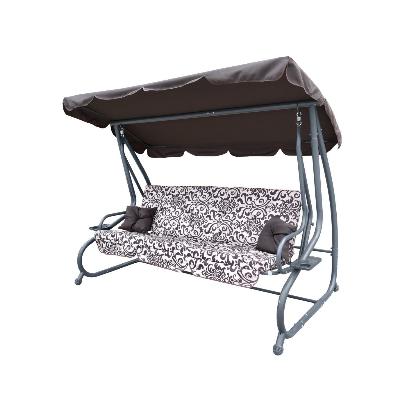 Rodinná Hojdačka záhradná s Strechou Hnedý vzor + Textilínia 2x1 + Nastaviteľné sedadlo + Matrac + 2 Držiaky na nápoje