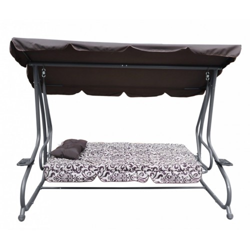 Rodinná Hojdačka záhradná s Strechou Hnedý vzor + Textilínia 2x1 + Nastaviteľné sedadlo + Matrac + 2 Držiaky na nápoje