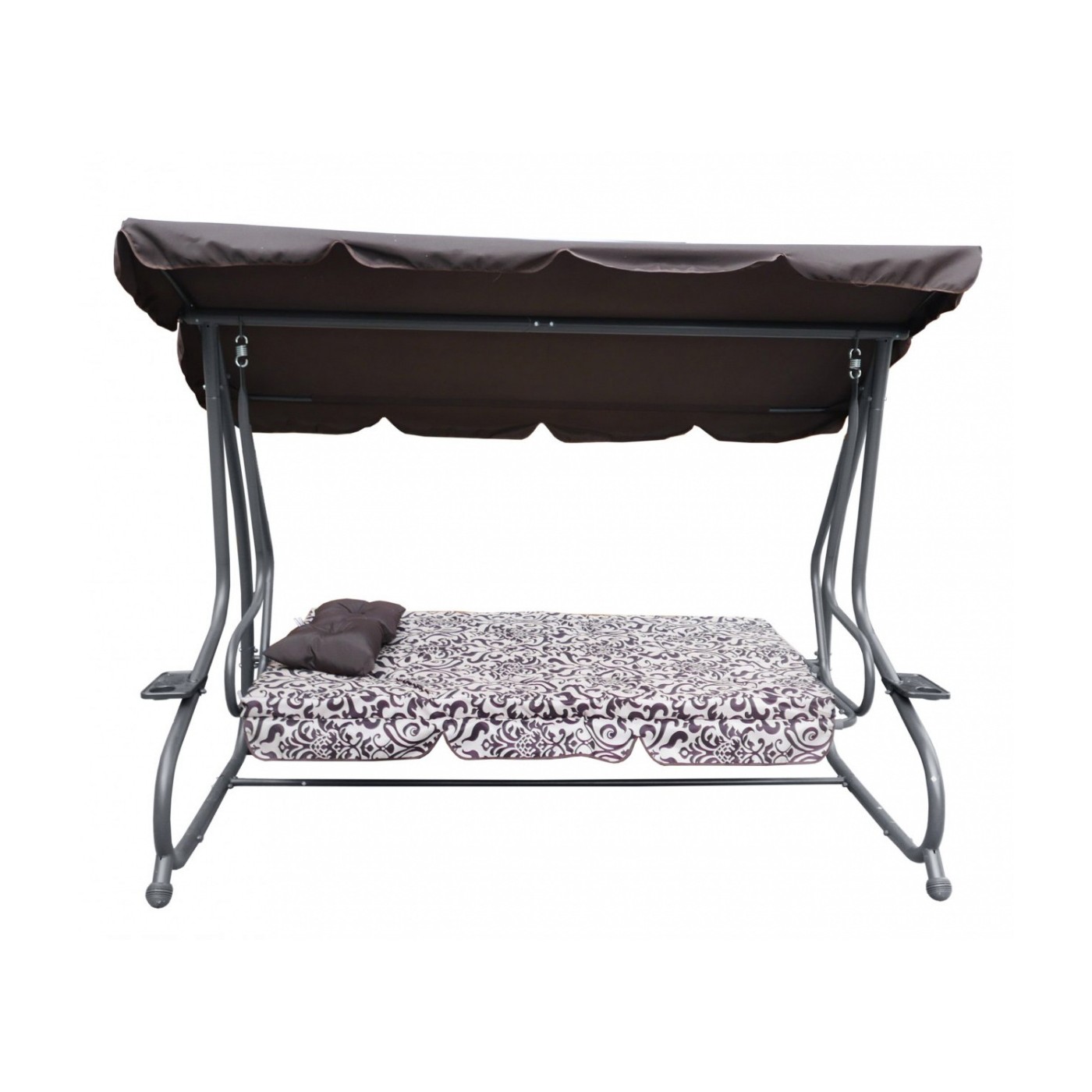 Rodinná Hojdačka záhradná s Strechou Hnedý vzor + Textilínia 2x1 + Nastaviteľné sedadlo + Matrac + 2 Držiaky na nápoje