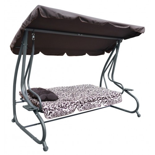 Rodinná Hojdačka záhradná s Strechou Hnedý vzor + Textilínia 2x1 + Nastaviteľné sedadlo + Matrac + 2 Držiaky na nápoje