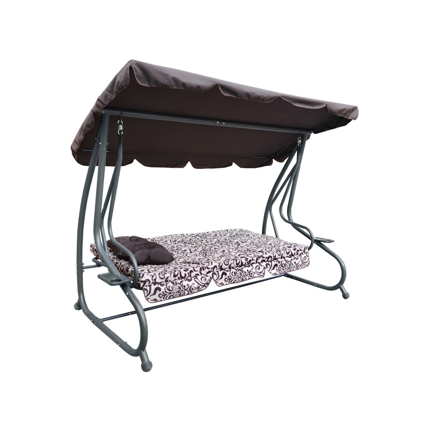 Rodinná Hojdačka záhradná s Strechou Hnedý vzor + Textilínia 2x1 + Nastaviteľné sedadlo + Matrac + 2 Držiaky na nápoje