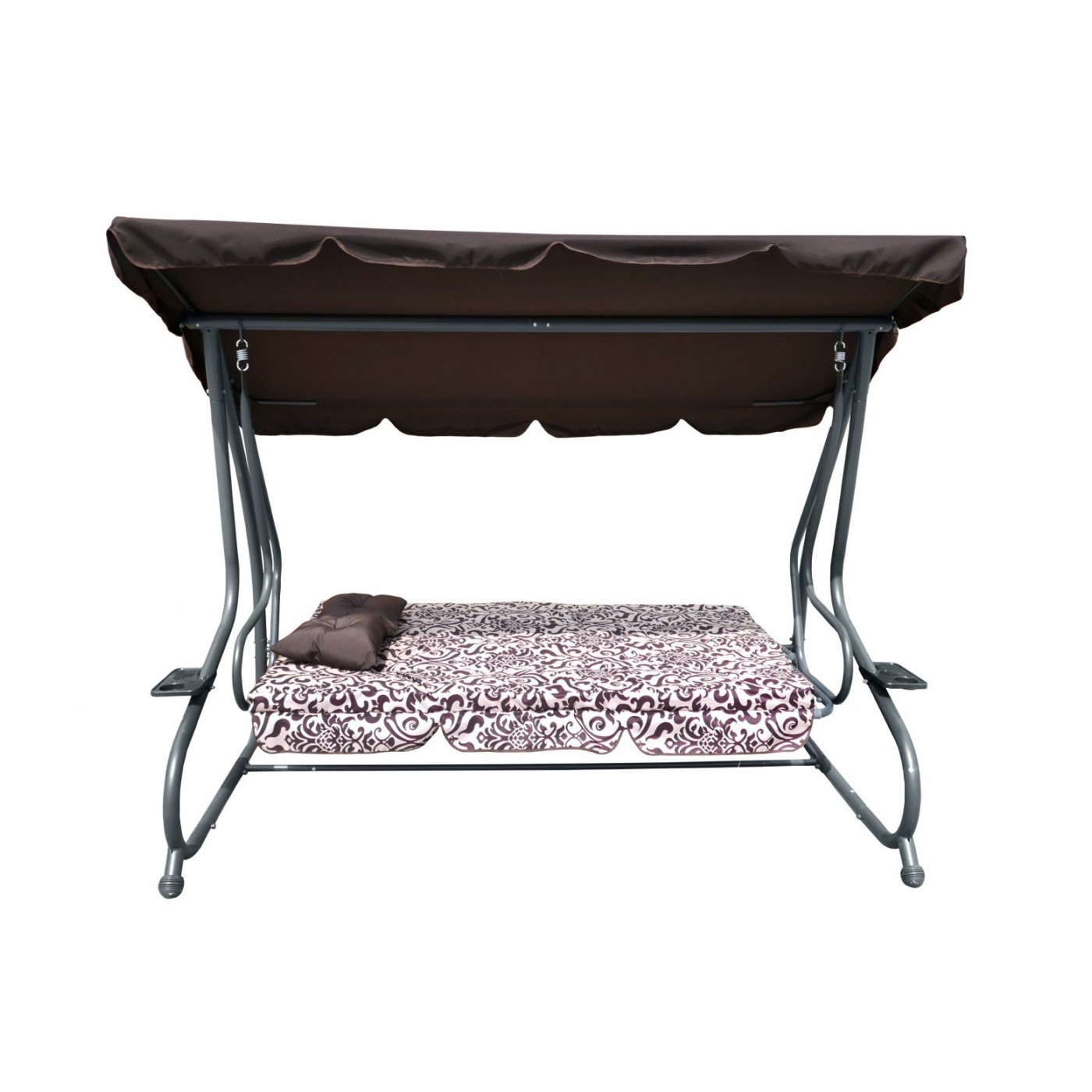 Rodinná Hojdačka záhradná s Strechou Hnedý vzor + Textilínia 2x1 + Nastaviteľné sedadlo + Matrac + 2 Držiaky na nápoje