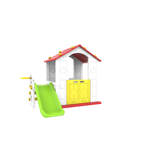 Záhradný domček 3v1 pre deti Červená Strecha + Šmýkačka + Basketbal