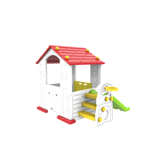 Záhradný domček 3v1 pre deti Červená Strecha + Šmýkačka + Basketbal