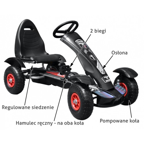Autíčko na pedále Racing XL pre deti 3+ Čierny + Nafukovacie kolesá + Regulácia sedadla + Voľný chod