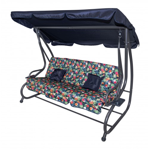 copy of Rodinná Hojdačka záhradná s Strechou Zelený vzor + Textilínia 2x1 + Nastaviteľné sedadlo + Matrac + 2 Držiaky na nápoje