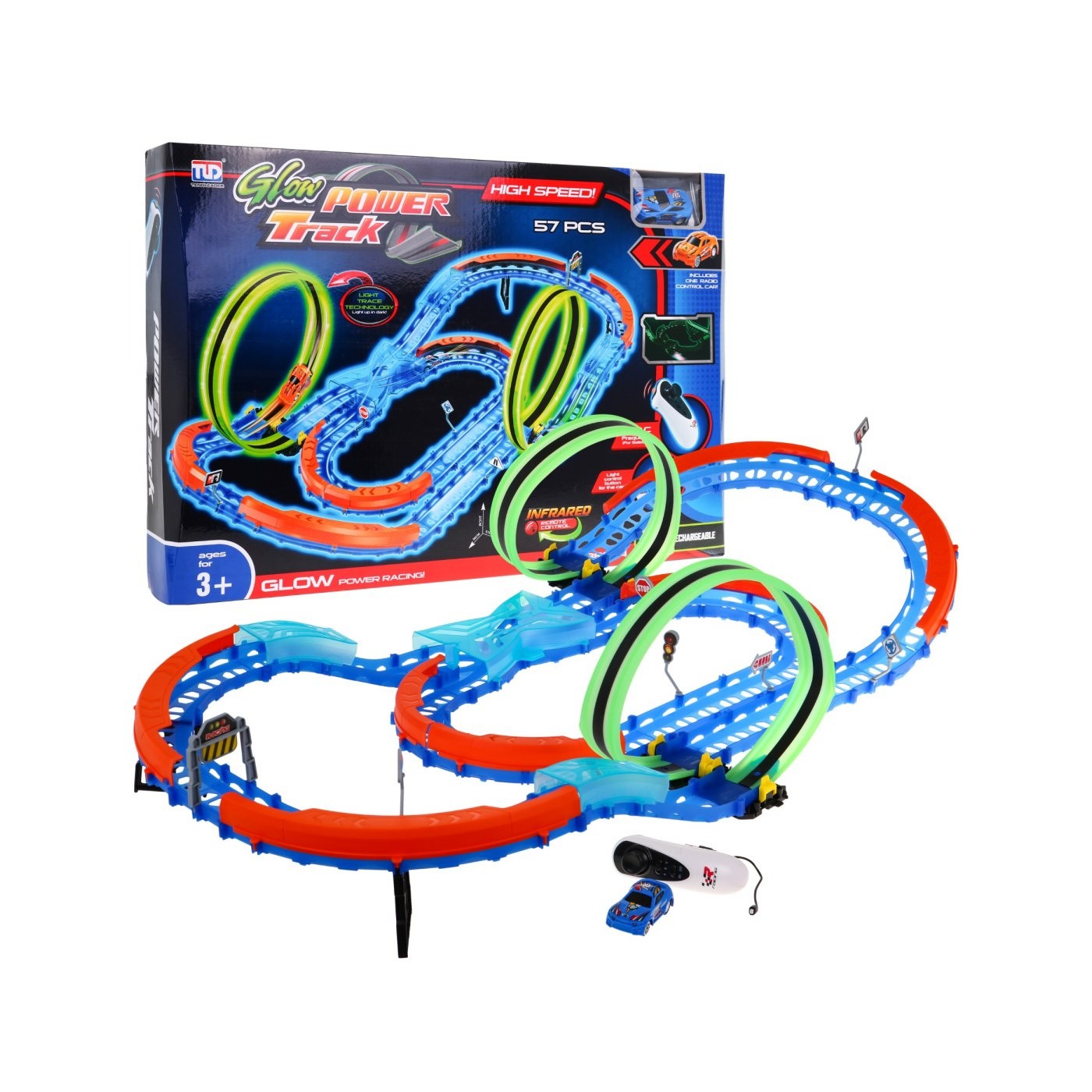 Fluorescenčná Závodná dráha pre deti 3+ Autíčko s LED + Smyčky 360 + Skladacia dráha 57 ks.