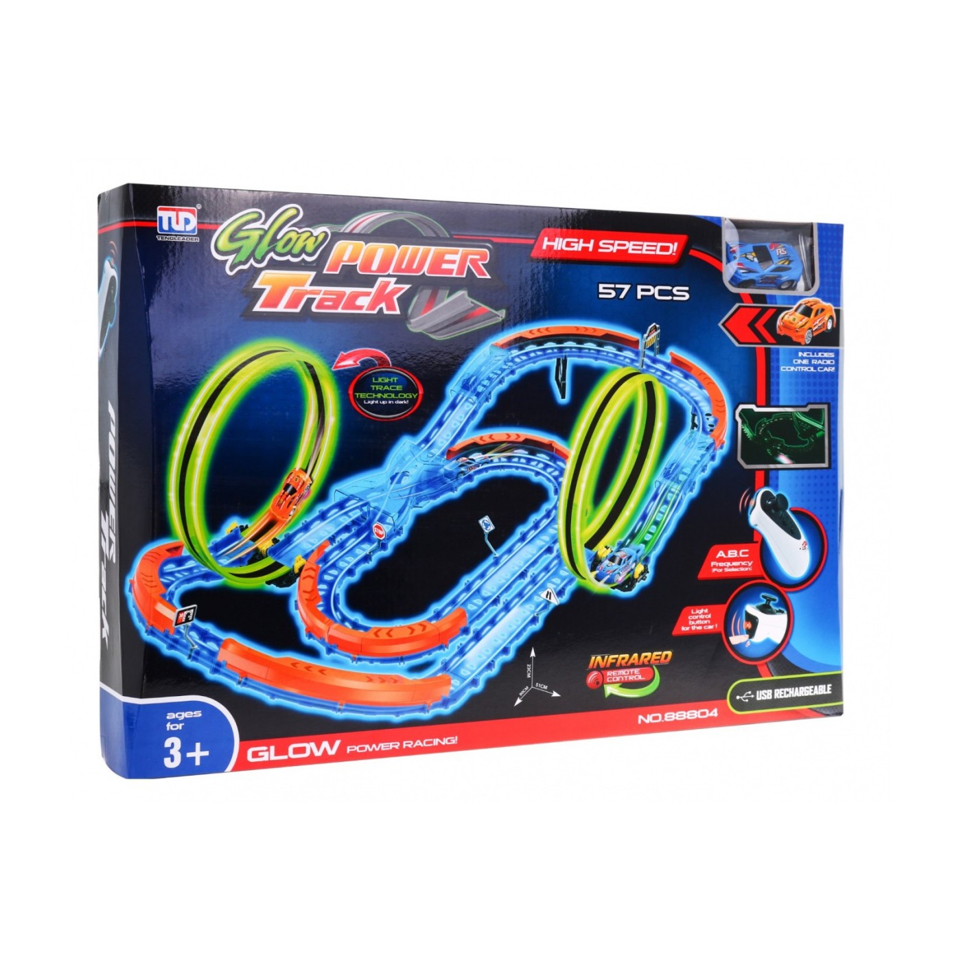 Fluorescenčná Závodná dráha pre deti 3+ Autíčko s LED + Smyčky 360 + Skladacia dráha 57 ks.