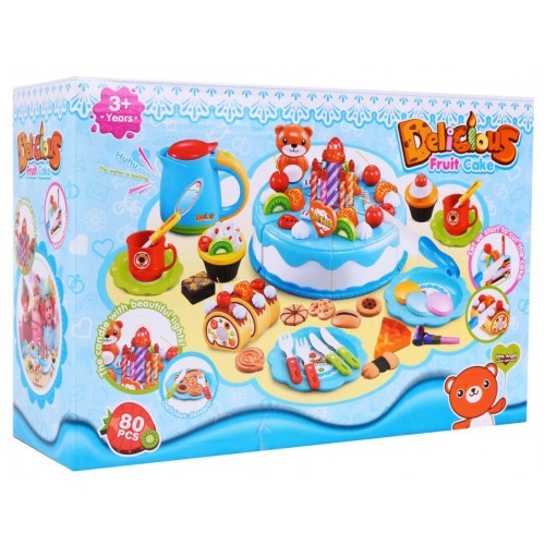 Sada na organizáciu Osláv pre deti 3+ modrá Torta + Sladkosti + Interaktívna sviečka + Príslušenstvo 80 ks.