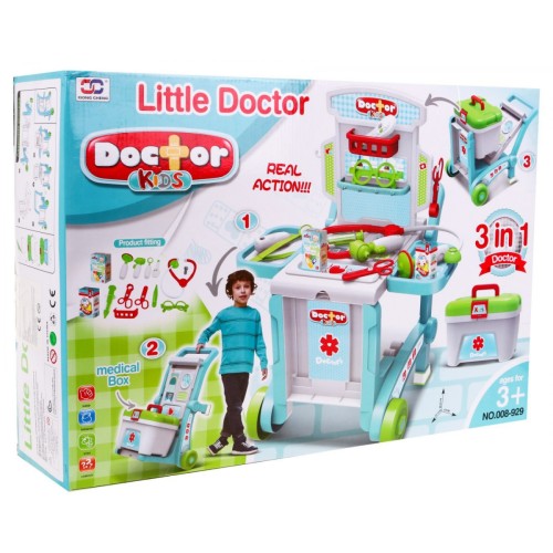 Prenosná Lekárska ambulancia pre deti 3+ Kufor + Stolík + 2 typy Vozíka + Príslušenstvo