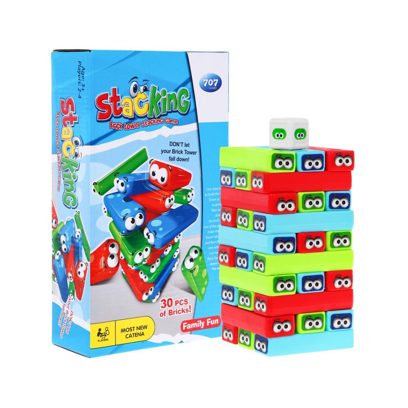 Zručnostná hra Dženga Mini pre deti 3+ Stavanie veže + 30 farebných kociek + Hracia kocka