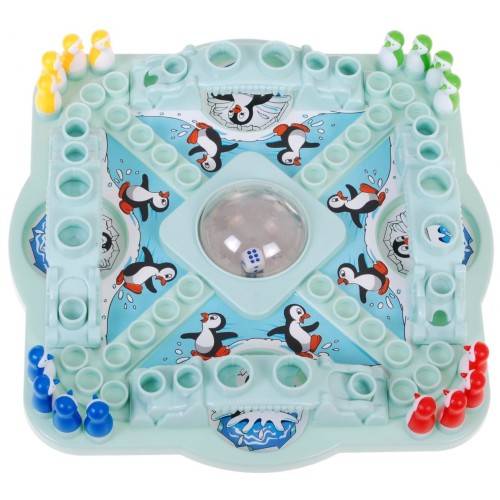 Hra stolová "Preteky tučniakov" číňanik pre deti 4+ a dospelých + Farebné tučniaky + Kocka v guli