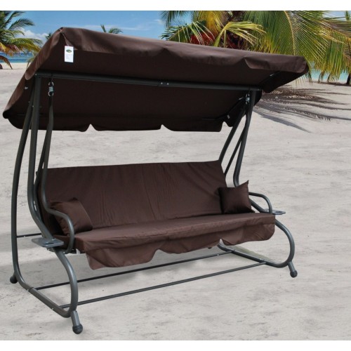 Rodinná Hojdačka záhradná s Strechou čokoládovej farby + Textilínia 2x1 + Nastaviteľné sedadlo + Matrac + 2 Držiaky na nápoje