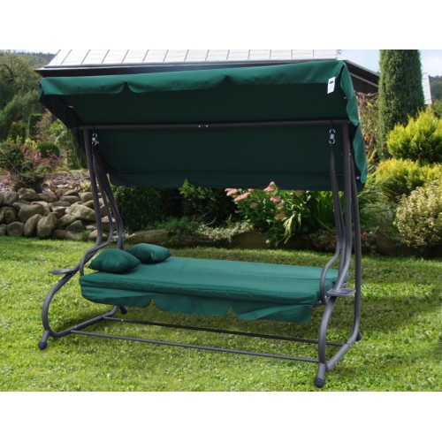 Rodinná Hojdačka záhradná s Strechou Zelená + Textilínia 2x1 + Nastaviteľné sedadlo + Matrac + 2 Držiaky na nápoje