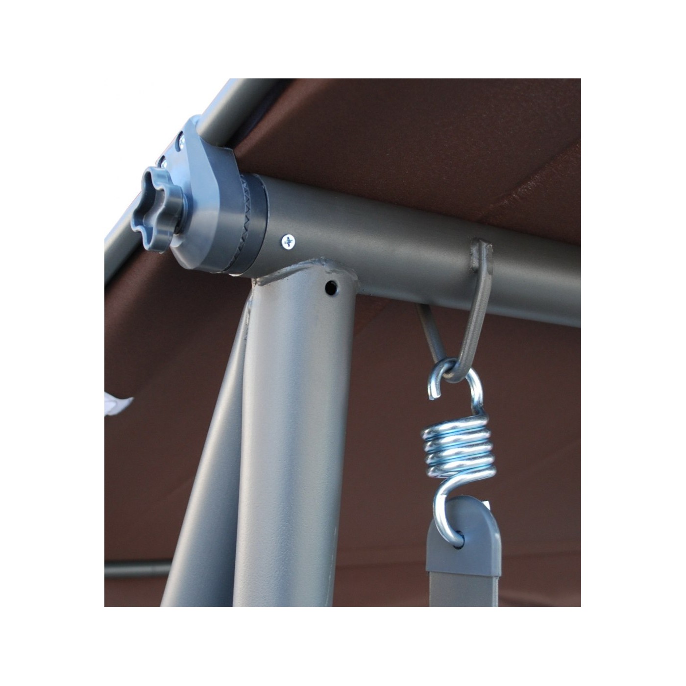 Rodinná Hojdačka záhradná s Strechou Hnedý vzor + Textilínia 2x1 + Nastaviteľné sedadlo + Matrac + 2 Držiaky na nápoje