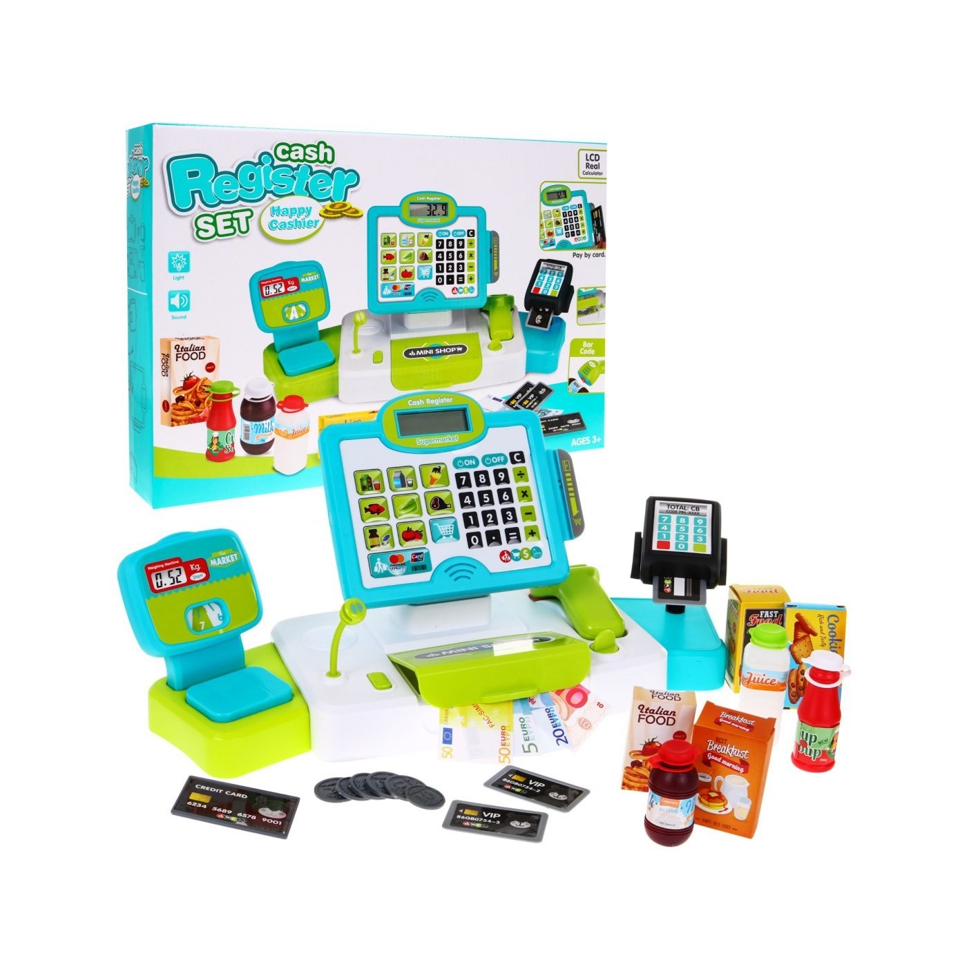 Realistická Pokladňa obchodná pre deti 3+ Dotykový panel Kalkulačka + Skener + Napodobeniny potravín
