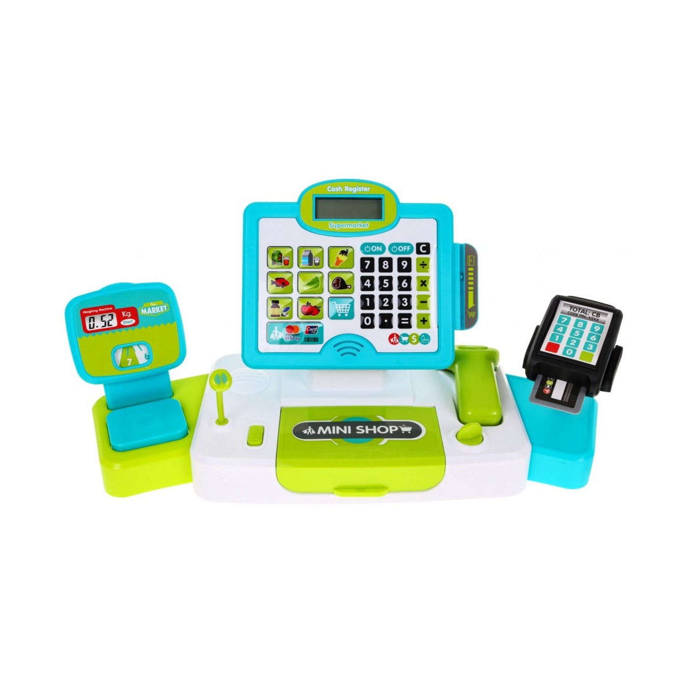 Realistická Pokladňa obchodná pre deti 3+ Dotykový panel Kalkulačka + Skener + Napodobeniny potravín