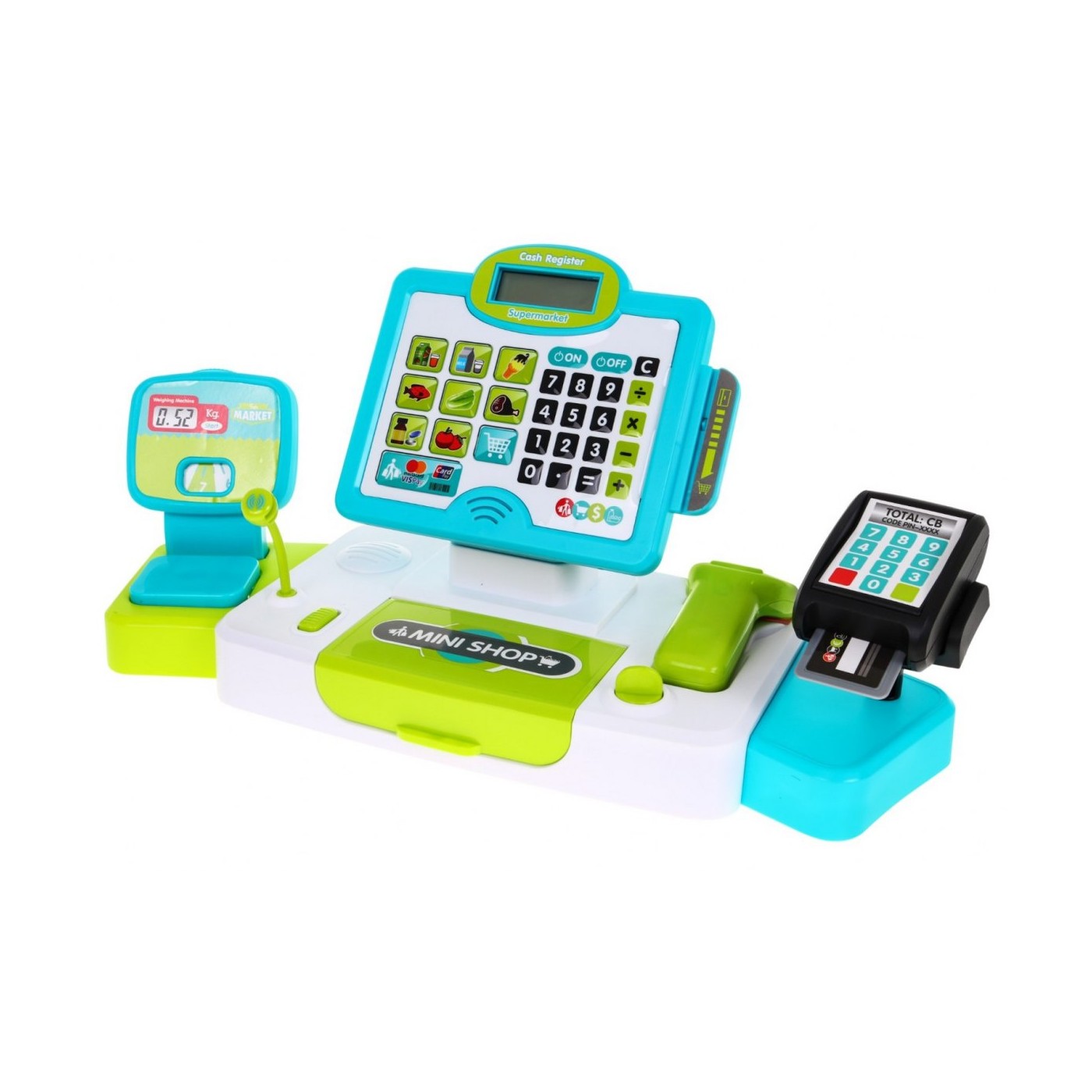 Realistická Pokladňa obchodná pre deti 3+ Dotykový panel Kalkulačka + Skener + Napodobeniny potravín