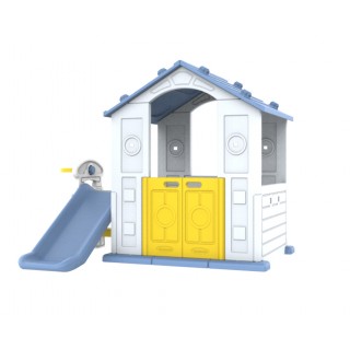 Dom so šmykľavkou a umývadlom modrá strecha