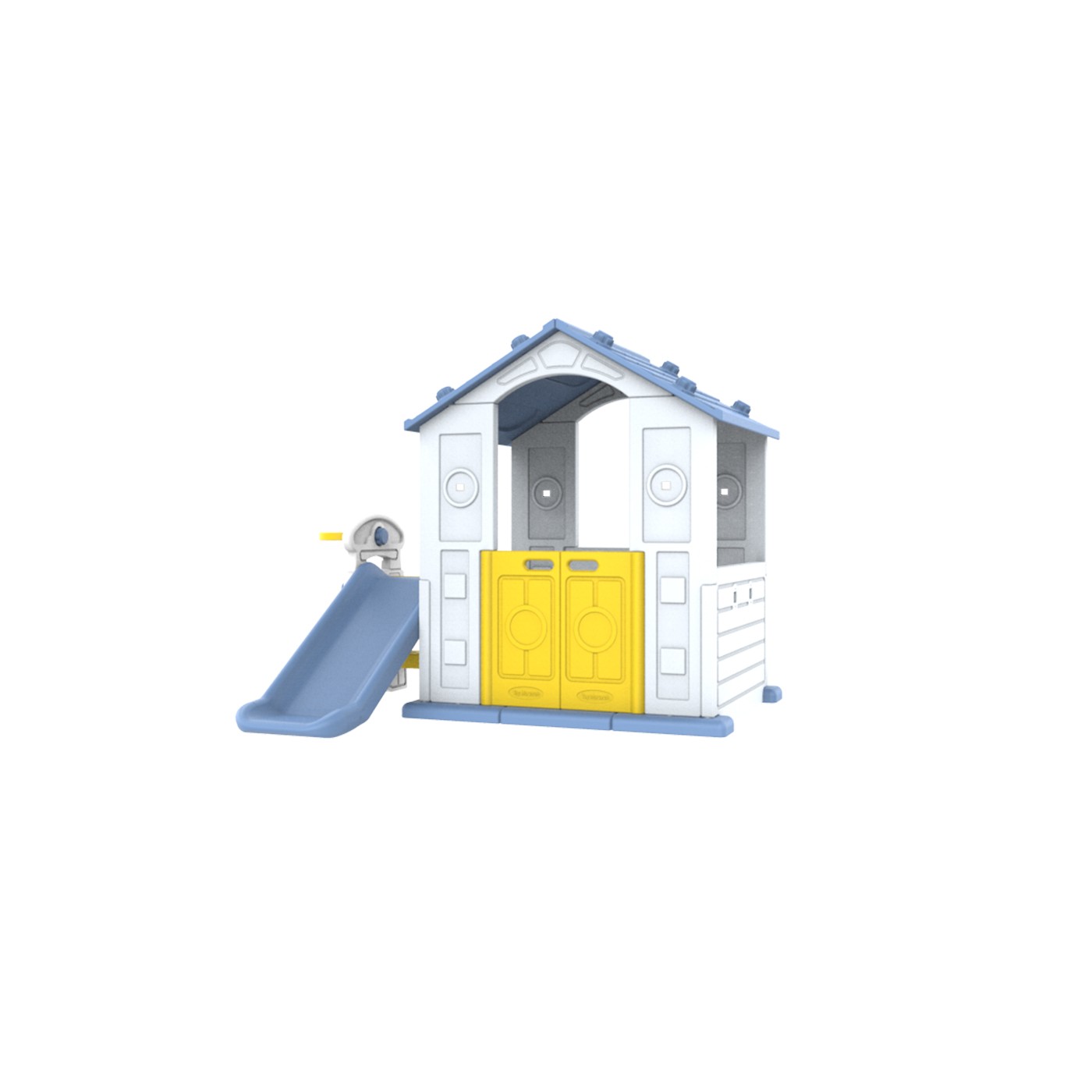 Dom so šmykľavkou a umývadlom modrá strecha